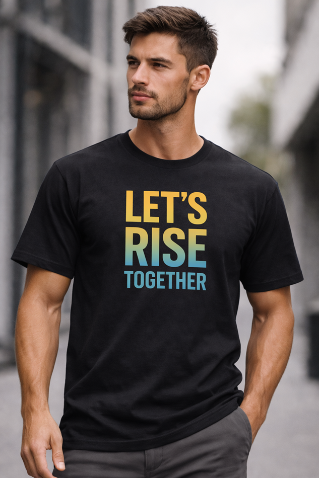 UpStart Let's Rise Together black t-shirt male model