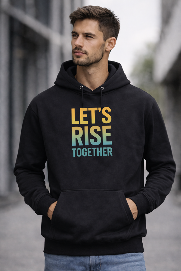 UpStart Let's Rise Together black pullover hoodie male model